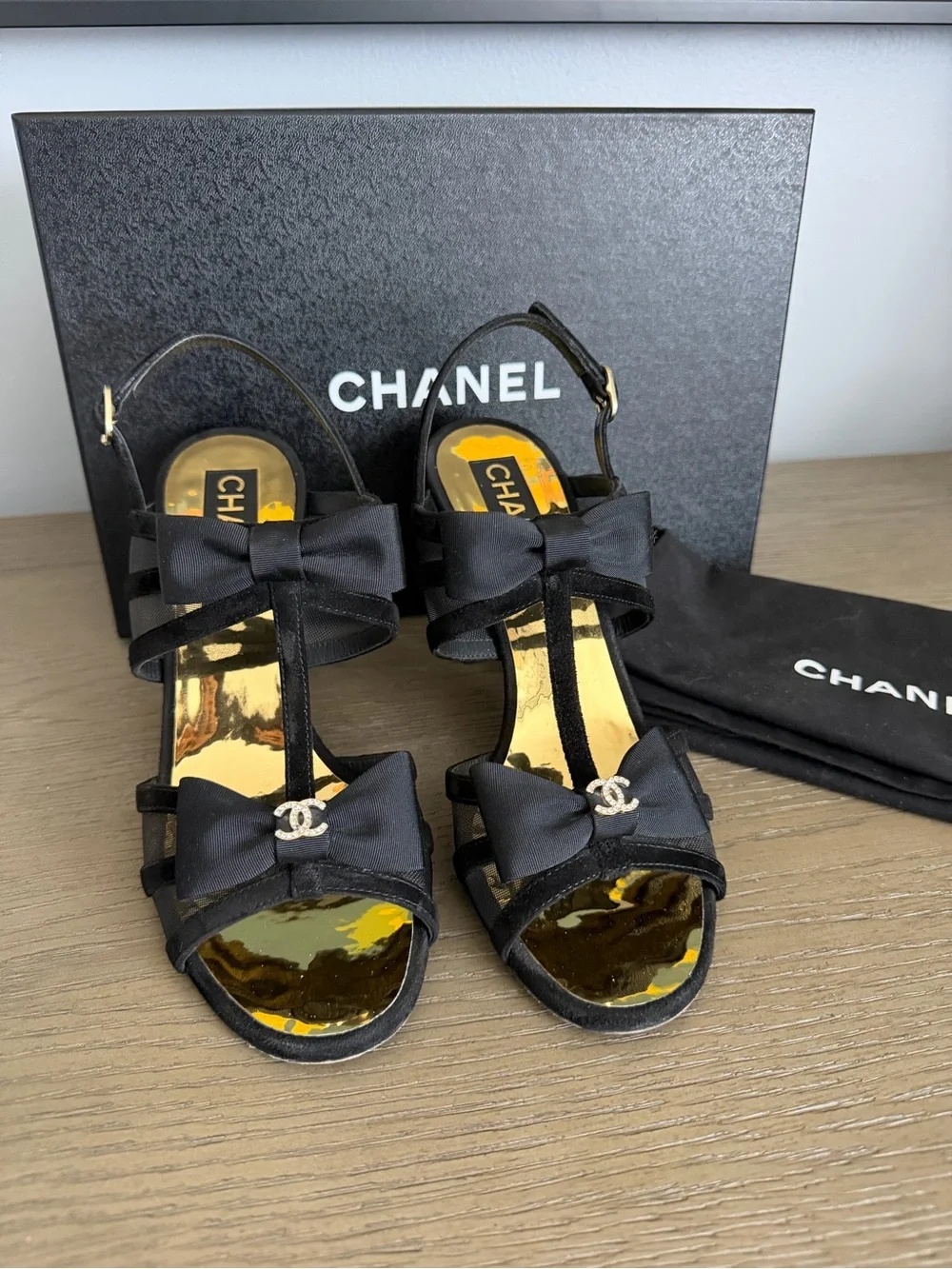 CHANEL Black Satin Bow T-Strap Heels with Gold Insole